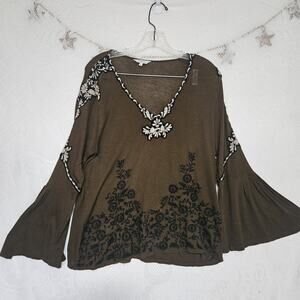 Lucky Brand Large Linen Blend Floral Embroidered Bell Sleeve Top Boho Hippie